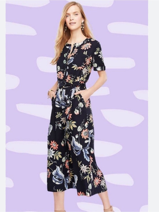 Ann Taylor Pants - Navy Floral jumpsuit with Coral & Cream Blooms